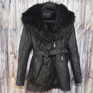 Bellivera Black Faux Leather Jacket with Faux Fur Collar